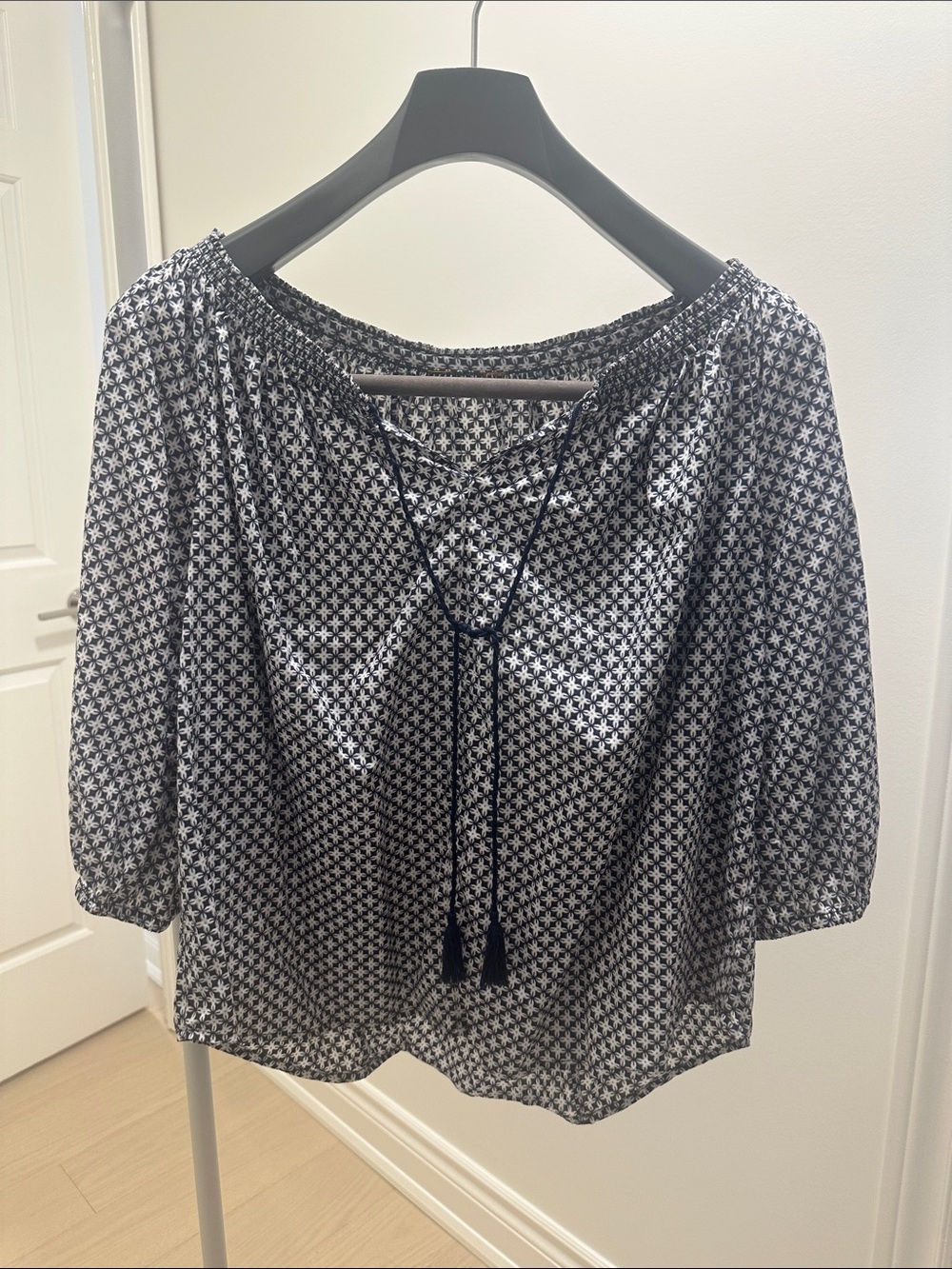 Black & White Printed Peasant Tunic with Tassel Tie